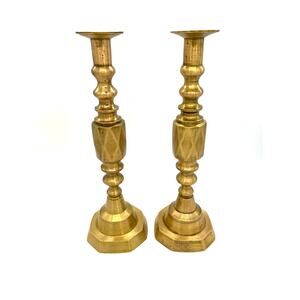 Vintage Brass Diamond Pattern Set of 2 Candle Stick Holders 11.75"